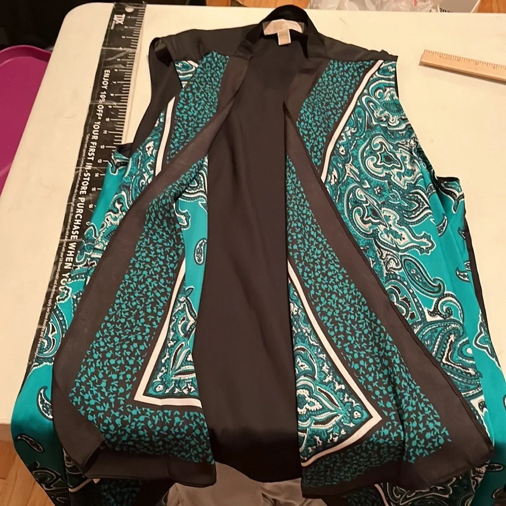 Michael Kors black & teal silk vest paisley print waterfall front size LG-XL